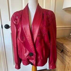 Vintage 80s 90s Olympic Fashions Red Leather Bomber Moto Jacket size 4 oversized